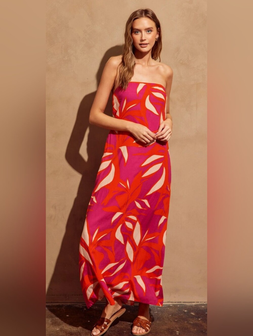 Strapless Tropical Print Maxi Dress in Fuchsia and Pink With Pockets S